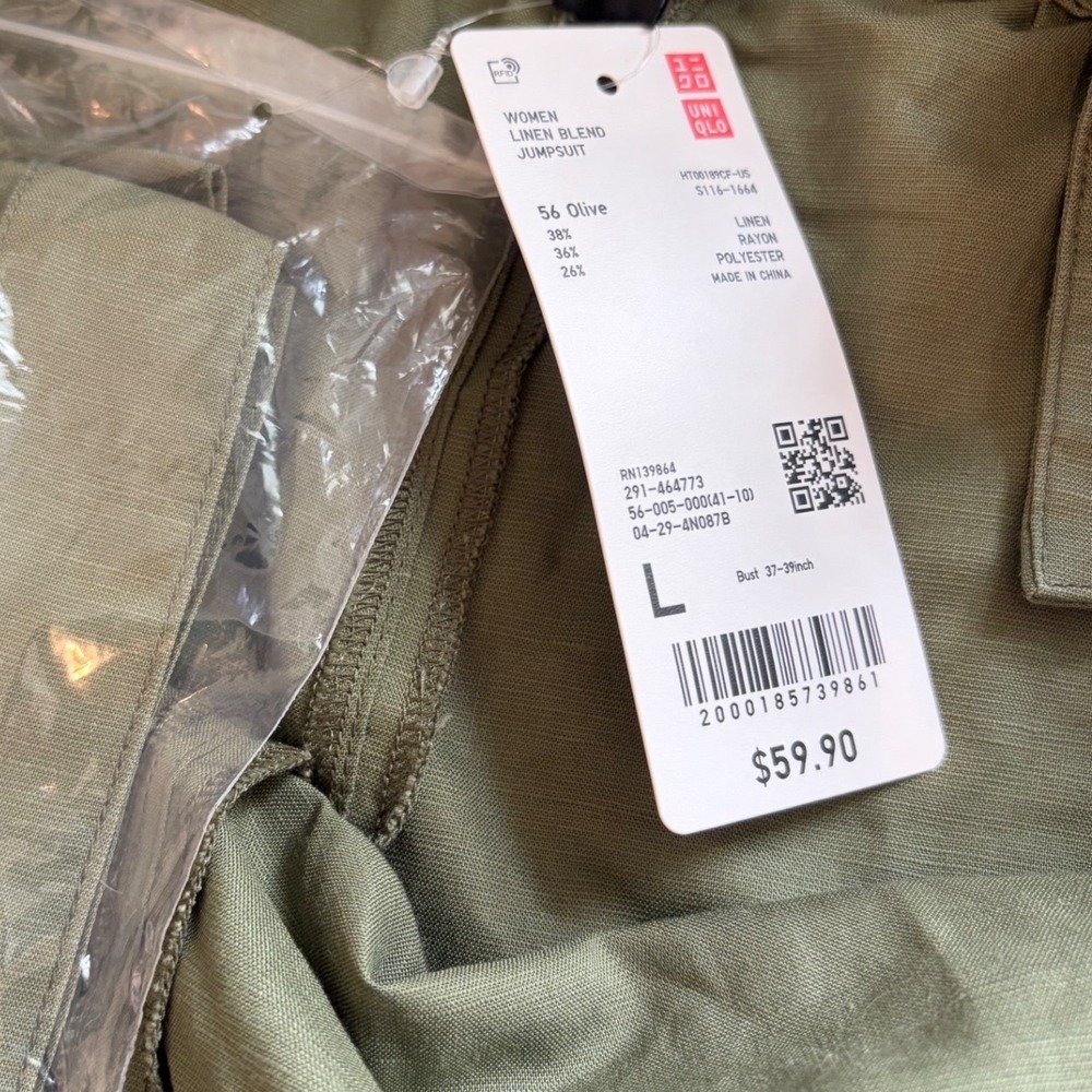Uniqlo Linen Blend Jumpsuit Womens L Olive Green Wide Leg Minimalist Summer Boho - Picture 3 of 7